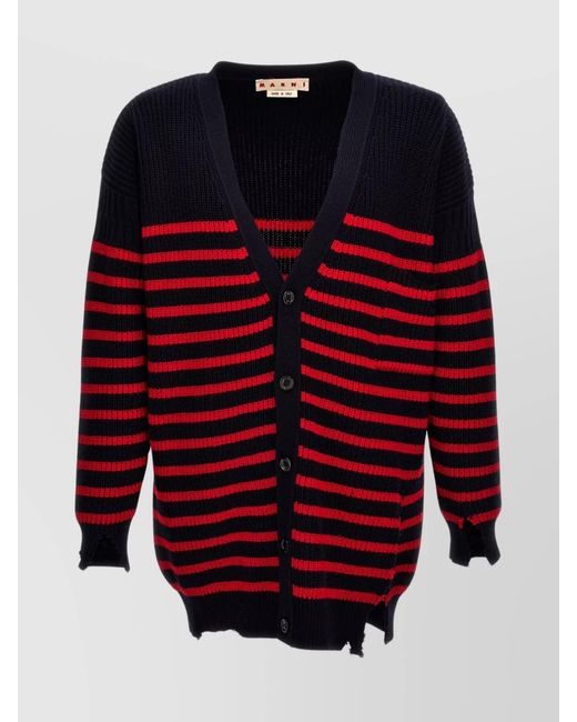 Marni Red Destroyed Effect Striped Cardigan for men