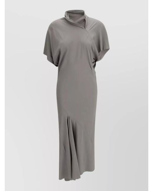 Rick Owens Gray Silk Asymmetric Gathered High-Neck Midi Dress