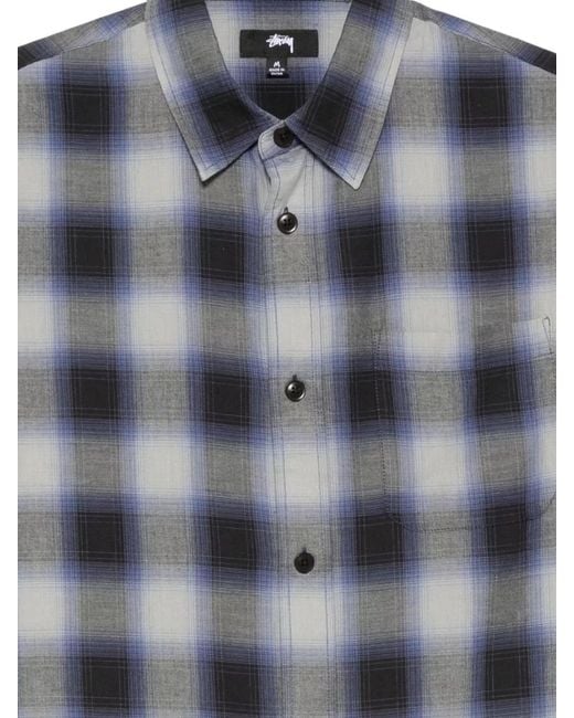 Stussy Gray Check Shirt Chest Pocket Curved Hem Long Sleeves for men