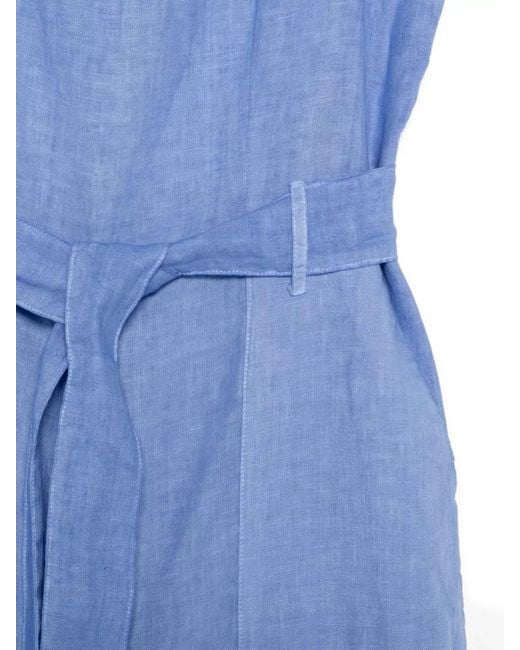 120% Lino Blue Linen Jumpsuit Belted Waist Wide Leg
