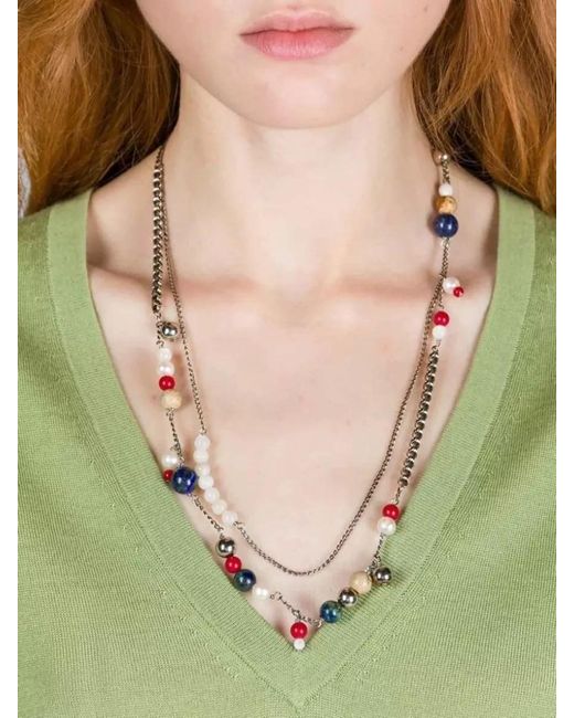 Dries Van Noten White Multi Strand Brass Pearl Beaded Necklace