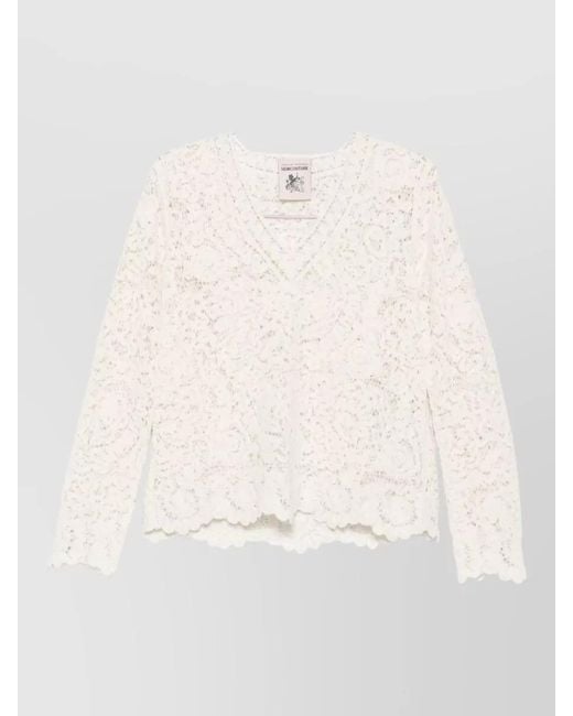 Semicouture Natural Calanthe Lace Knit V Neck Sweater
