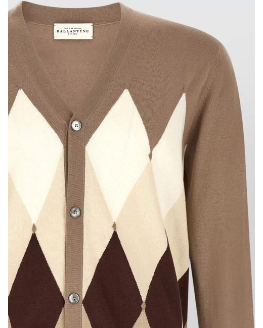 Ballantyne Natural Argyle Cardigan Jacket Ribbed Cuffs Neckline for men