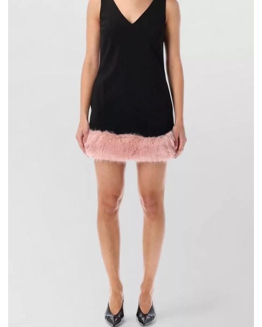 Self-Portrait Black Mini Dress Faux Fur Trim Pockets
