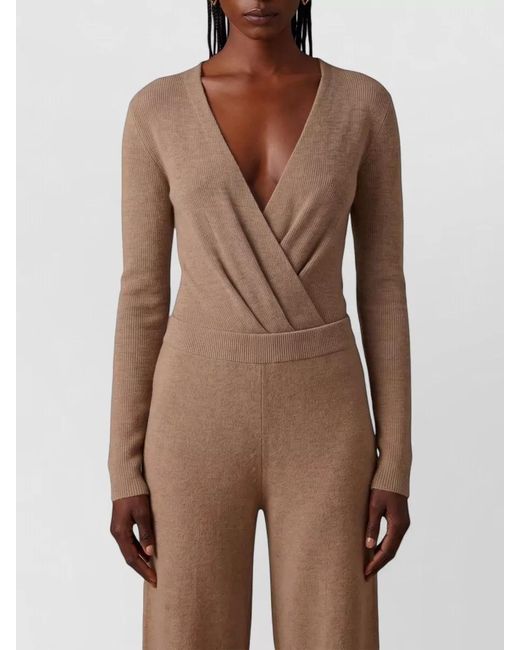 Max Mara Brown Ribbed Cashmere V-Neck Long-Sleeve Bodysuit