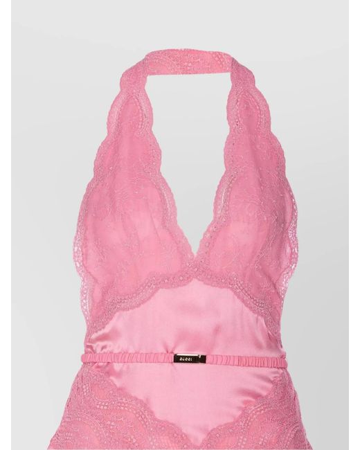 Gucci Pink Silk Halterneck Lace Sleeveless Midi Dress