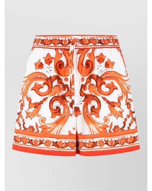 Dolce & Gabbana Orange Maiolica Print Cotton Poplin Beach Shorts