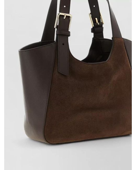 Furla Brown Dora S Tote Bag Buckle Handle Suede