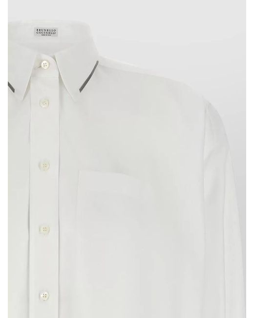 Brunello Cucinelli White Cropped Shirt Shiny Trim Pointed Collar