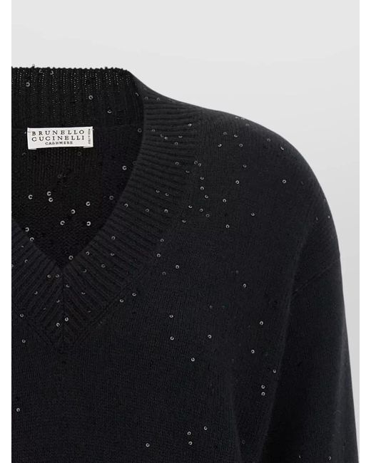 Brunello Cucinelli Blue Diamante Sequin V Neck Cashmere Sweater