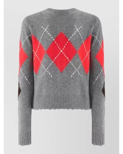 Pinko Gray Argyle Cropped Cardigan Soft Knitwear Long Sleeves