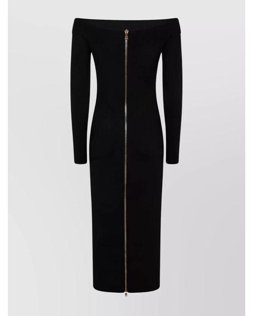 Balmain Black Double Collar Knit Zipped Midi Dress