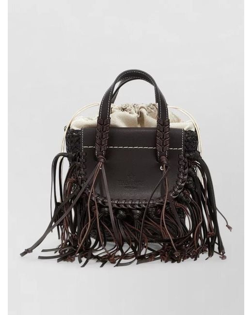 CUBA LAB Black Bucket Bag Adjustable Strap Fringe Handle Woven