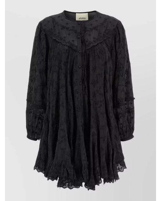 Isabel Marant Black Zame Dress Long Sleeves Lace Pleated Embroidery