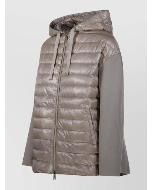 Herno Gray Hooded Quilted Jacket Long Sleeves Drawstring
