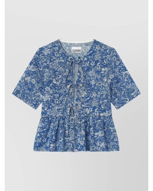 Ganni Blue Floral Peplum Blouse Round Neck Short Sleeves