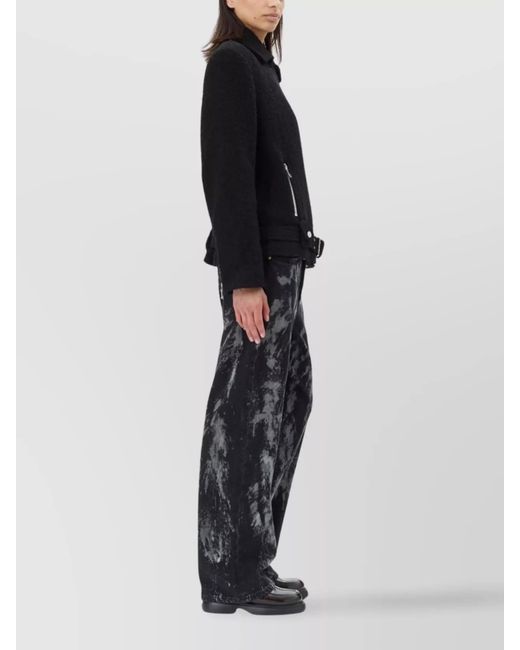 Ganni Black Wool Blend Biker Jacket With Bouclé Design