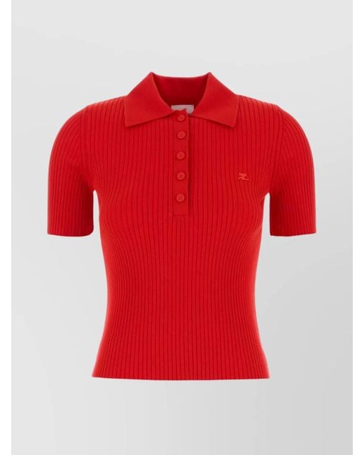 Courreges Red Ribbed Texture Knit Polo Shirt