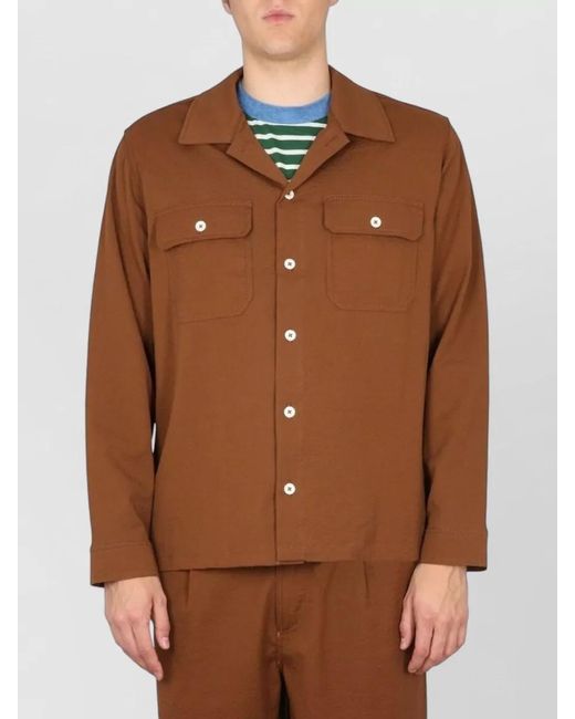Howlin' By Morrison Brown Cotton Shirt Bowling Neck Chest Pockets for men
