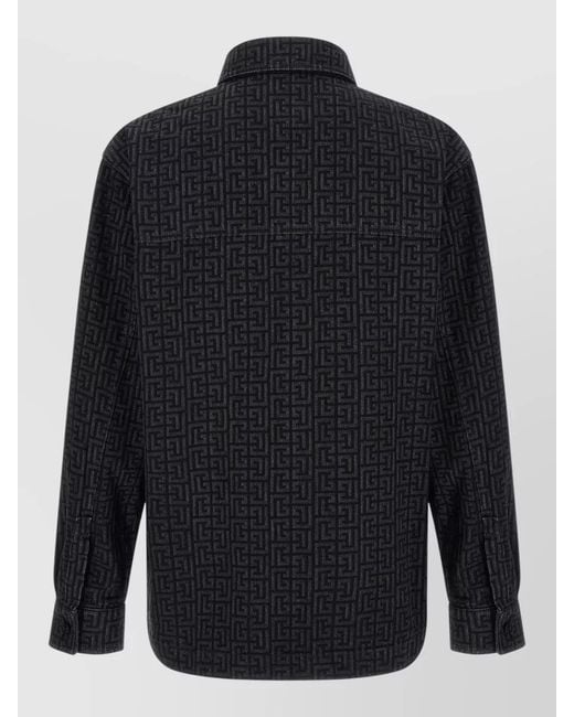 Balmain Blue Monogram Overshirt Straight Cut Chest Pockets for men