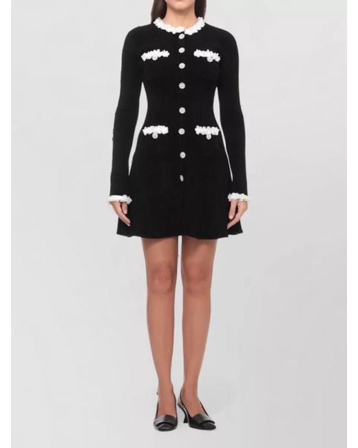 Self-Portrait Black Ribbed Chenille Knit Flower-Button Mini Dress