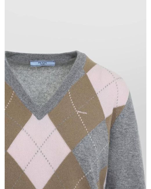Prada Gray Cashmere Argyle V-Neck Sweater