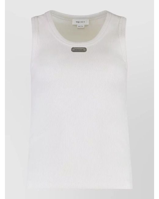 McQueen White Ribbed Stretch Tank Top Round Neckline