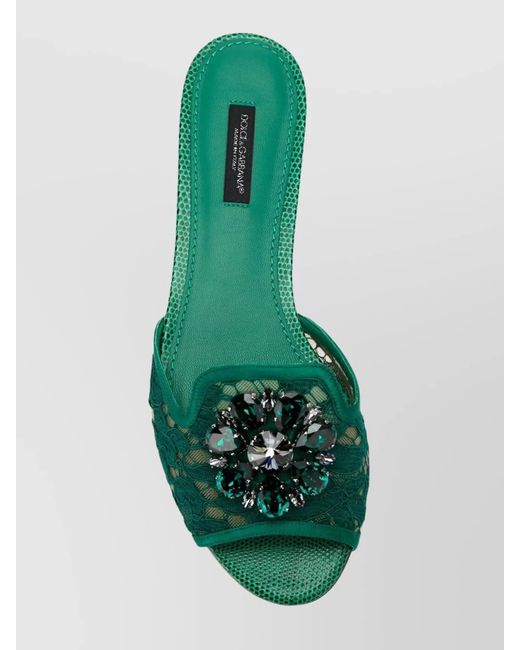 Dolce & Gabbana Green Crystal Embellished Lace Flat Sandals