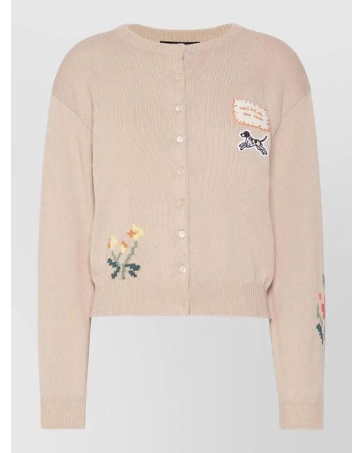 Weekend by Maxmara Natural Top Embroidered Patches Ribbed Cuffs Hem
