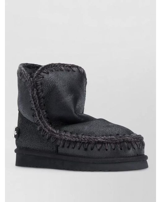 Mou Black Ankle Boots Flat Sole Fur Trim