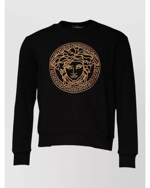 Versace Black Cotton Medusa Embroidered Crew Neck Sweatshirt for men