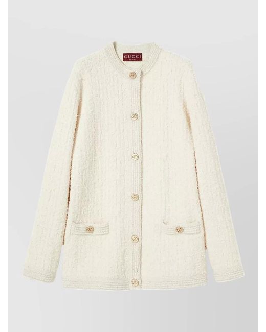 Gucci Natural Bouclé Lamé Wool Crewneck Cardigan