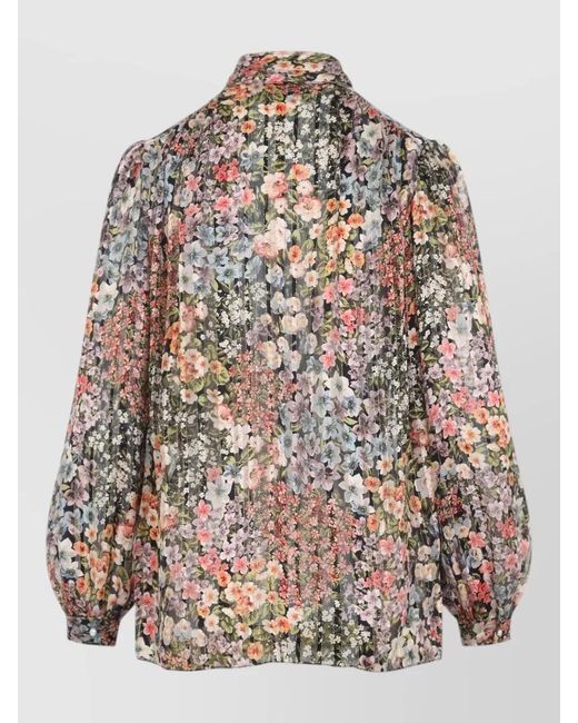 Valentino Multicolor Silk Floral-Print Long-Sleeve Blouse