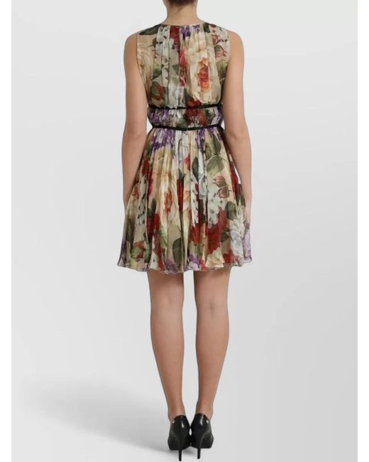 Dolce & Gabbana White Silk Floral-Print Sleeveless Knee-Length Dress