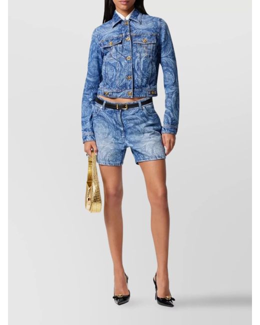 Versace Blue Denim Printed Thigh-Length Shorts