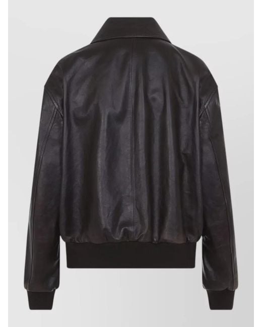 Prada Black Leather Bomber Jacket Relaxed Fit Ribbed Trims