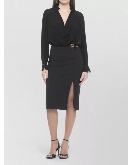 Elisabetta Franchi Black Draped Front Collared Viscose Bodysuit