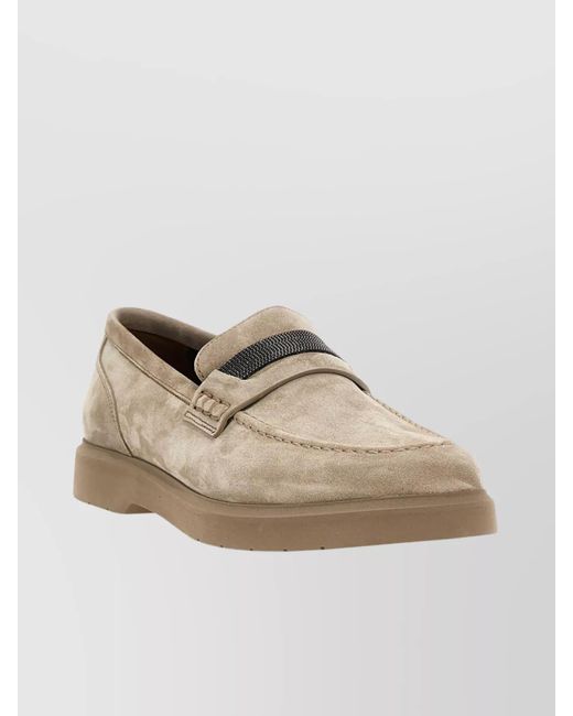 Brunello Cucinelli Natural Suede Crystal Embellished Penny Loafers