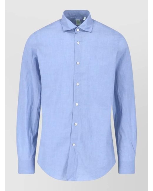 Finamore 1925 Blue Button Down Collar Shirt Curved Hem for men