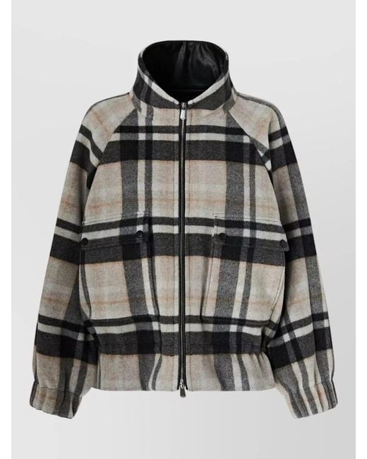 Pinko Gray Long Sleeve Plaid Coat High Collar