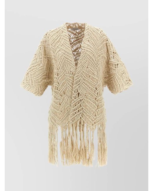 Brunello Cucinelli Natural 'Macramé Crochet' Short Sleeve Cardigan With Fringe