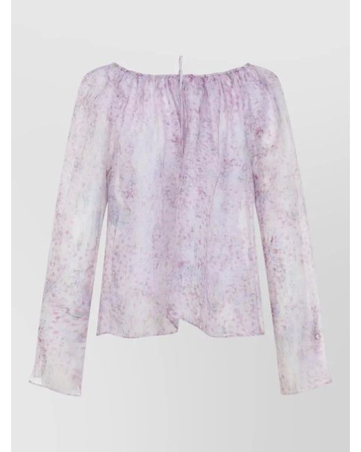 Alberta Ferretti Purple Silk Floral-Print Gathered Boat Neck Long-Sleeve Blouse