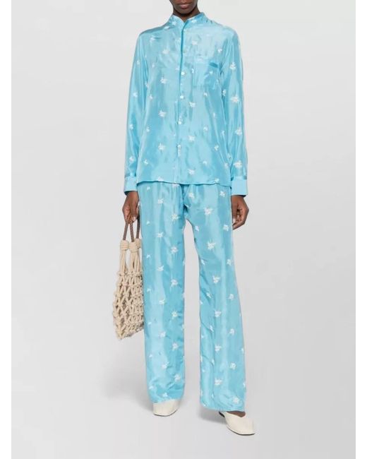 Forte_forte Blue Silk Trousers Floral Embroidery Wide Leg