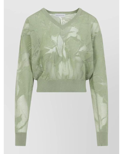 Dries Van Noten Green Torion Floral Embroidered Cropped Knit Sweater