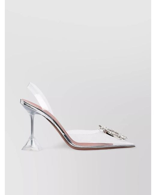 AMINA MUADDI White Sculpted Heel Slingback Pumps With Crystal Embellishment