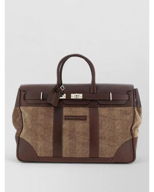 Brunello Cucinelli Brown Country Chevron Fabric Leather Travel Briefcase for men