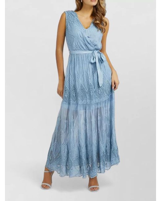 Guess Blue V Neck Sleeveless Maxi Dress Embroidered Belt
