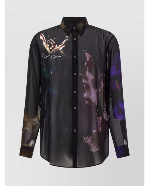 Dries Van Noten Black Sheer Fabric Floral Print Long Sleeves Shirt for men