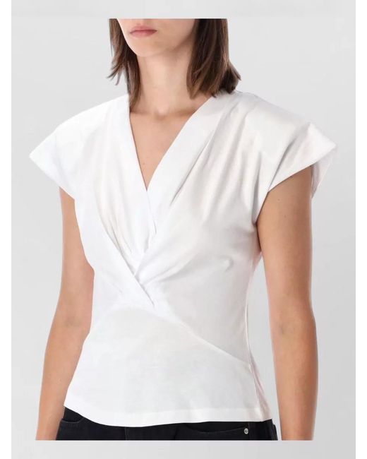 Isabel Marant White Cotton Draped V-Neck Short-Sleeve Blouse