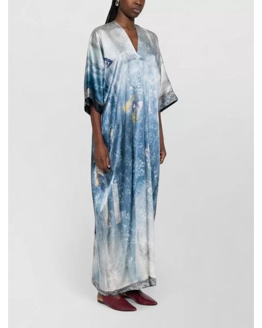 Pierre Louis Mascia Blue Silk Butterfly-Print V-Neck Short-Sleeve Maxi Dress